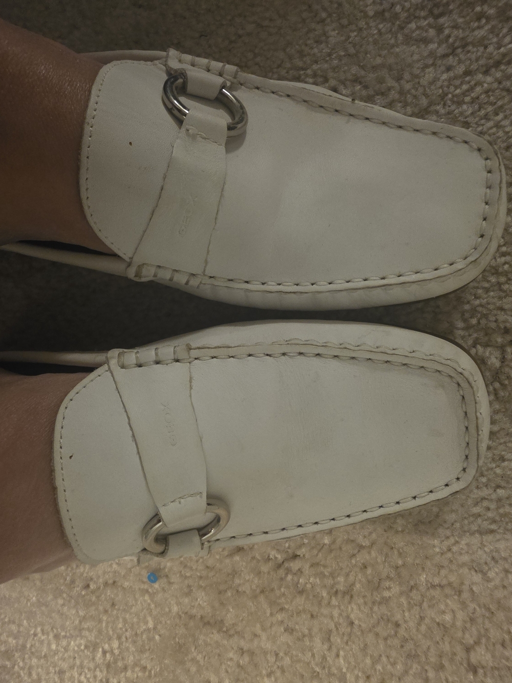 Geox White Leather Loafers with Silver Ring Accent
